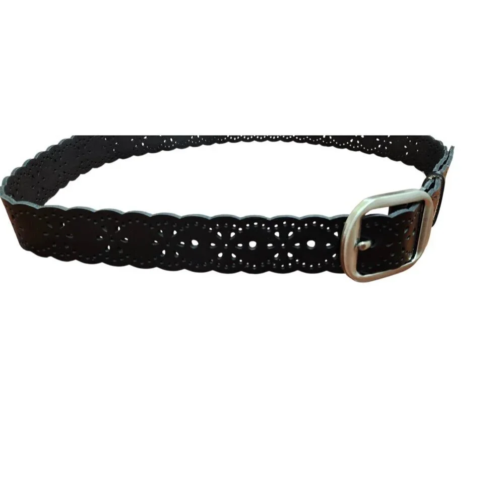 Black Leather Scalloped Cutout Belt Floral Laser Cut Silver Buckle Women Sze48in